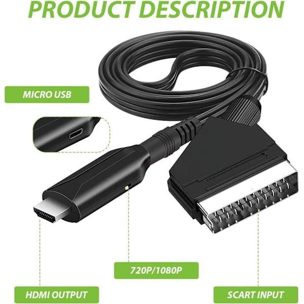 SCART to HDMI Converter with USB Power Cable - 1080P HDMI Output, Compatible with HDTV, STB, VHS, Xbox, PS3