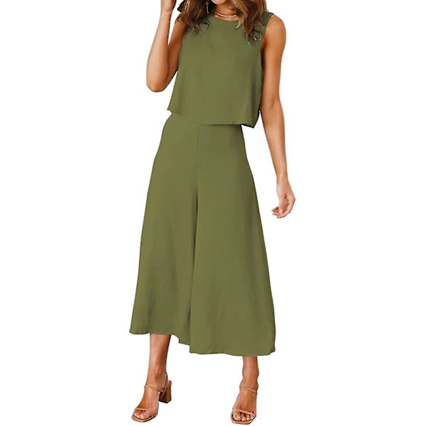 Roylamp Sommer-outfits til kvinder i 2 dele Rundhalset Crop Basic Top Beskåret Bukser med brede ben, Jumpsuits Olive Green X-Small