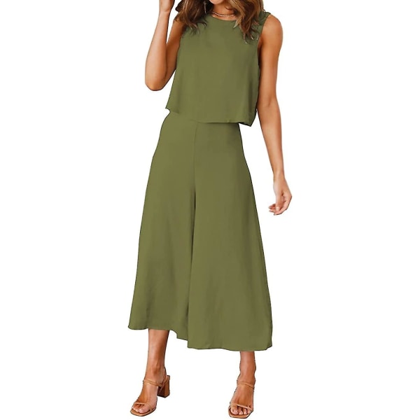 Roylamp Women's Summer 2-delade outfits Rundhalsad Crop Basic Top Beskuren Byxa Set med vida ben Jumpsuits Olive Green X-Small