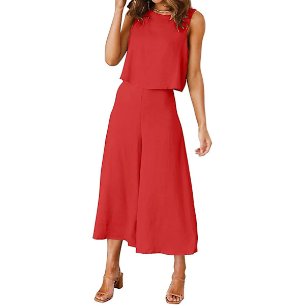 Roylamp Sommer-outfits til kvinder i 2 dele Rundhalset Crop Basic Top Beskåret Bukser med brede ben, Jumpsuits Red X-Small