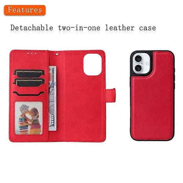 Kompatibel med iPhone 16 Fodral PU Läder 2 i 1 Plånboksfodral Magnetiskt Avtagbart Red