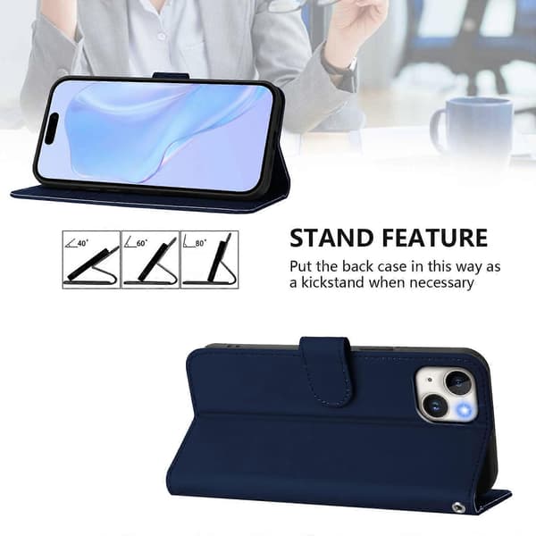 Skinnkänsla Läder Telefonfodral För iPhone 15 Plus Navy Blue