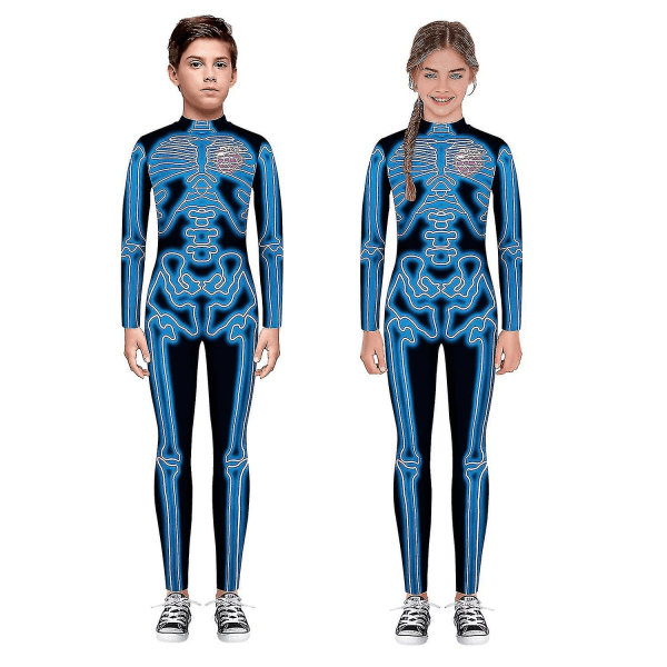 Halloween skelet kostume til børn og voksne, behagelig Onesie Jumpsuit-145cm-150cm-blå