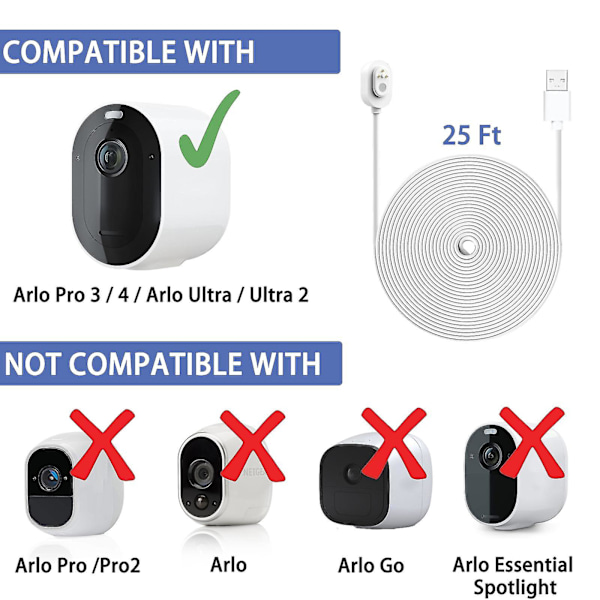 Værbestandig utendørs ladekabel, 7,6 m, for Arlo Ultra/Ultra 2/Pro 3/Pro 4/Go 2/Pro 5s (svart)