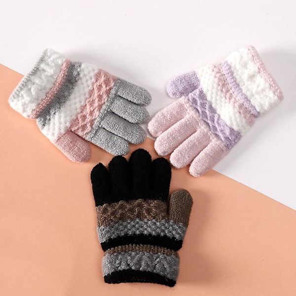 1 par barnvantar vinterhandskar stickade randiga barntåliga varma helfinger vantar Pink