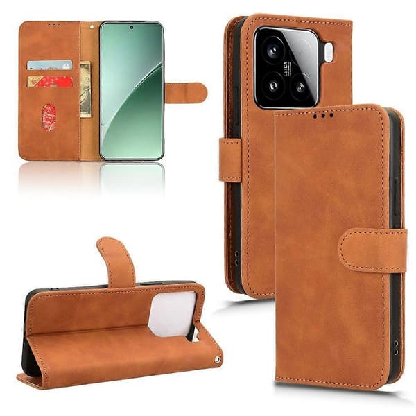Läderfodral för Xiaomi 15 Pro, Skinnkänsla, Anti-fall, Plånboksfodral Brown