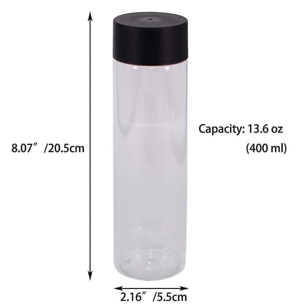 Förpackning med 12 13,6 oz (400 ml) klara PET-plastsaftflaskor med svart lock t.ex.