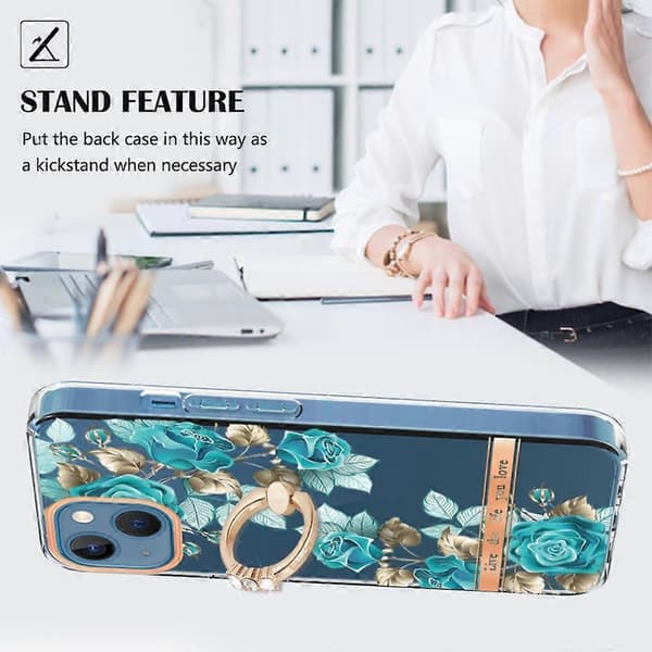 For iPhone 14 Plus Ring IMD Blomster TPU Telefondeksel Blue Rose