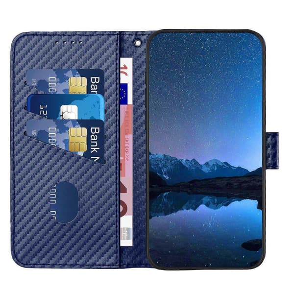 Plånboksfodral för iPhone 16 Plus med rem, kolfibertextur läder mobilskal Royal Blue