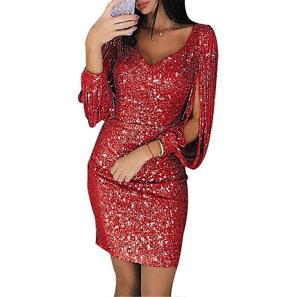 Kvinde Sequin Tassel Ærme Mini Kjole Solid V Hals Aften Fest Slim Fit Kort Kjole Plus Størrelse Red M