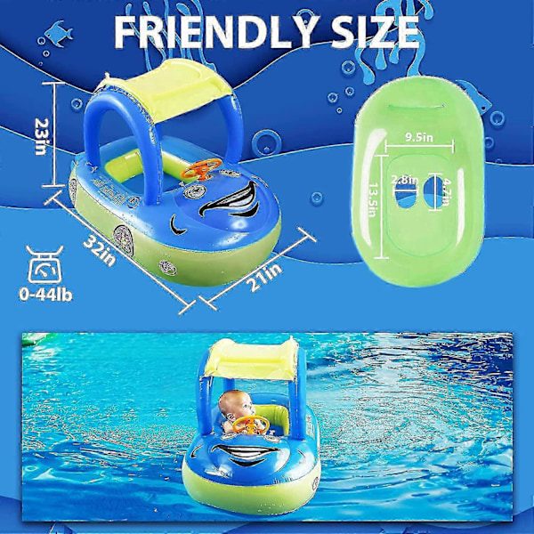 Uppblåsbar Baby Pool Float med Solskydd, Bilformad Badbåt för Spädbarn Småbarn Barn Dark Blue