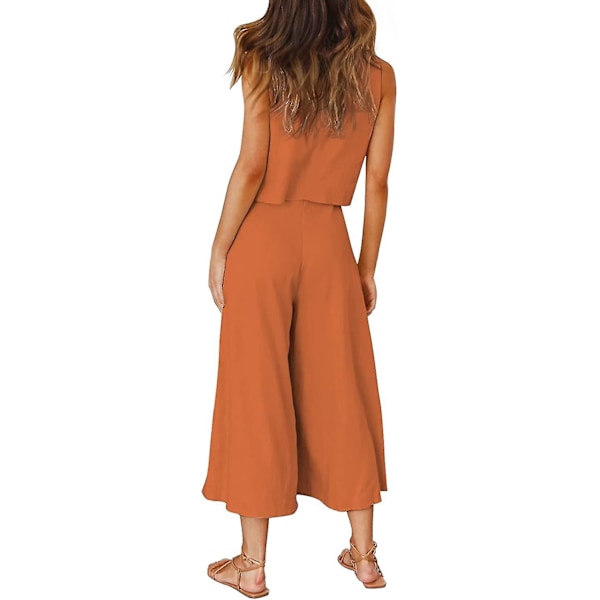 Roylamp Sommer-outfits til kvinder i 2 dele Rundhalset Crop Basic Top Beskåret Bukser med brede ben, Jumpsuits Dark Orange X-Small