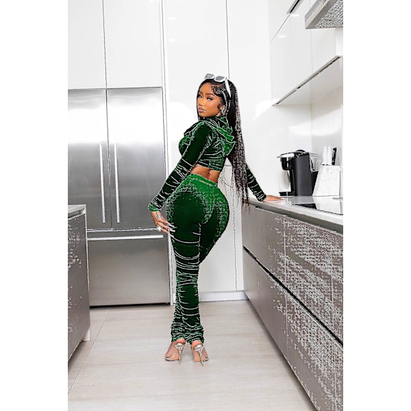Dam Velvet Tracksuit Set Sexig 2-delad Outfit med Dragkedja och Huva Green M