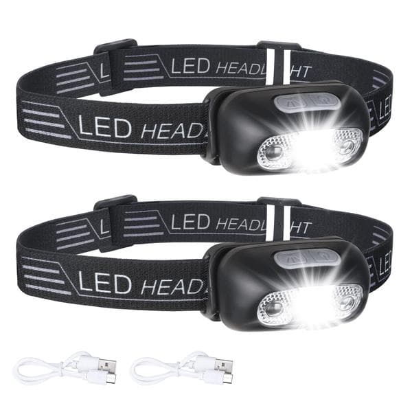 2-pack USB Rechargeable Headlamp, IPX6 Waterproof Headlight, Ultralight Super Bright 160 Lumen LED Headlamp with Motion Sensor and Red Light Modes