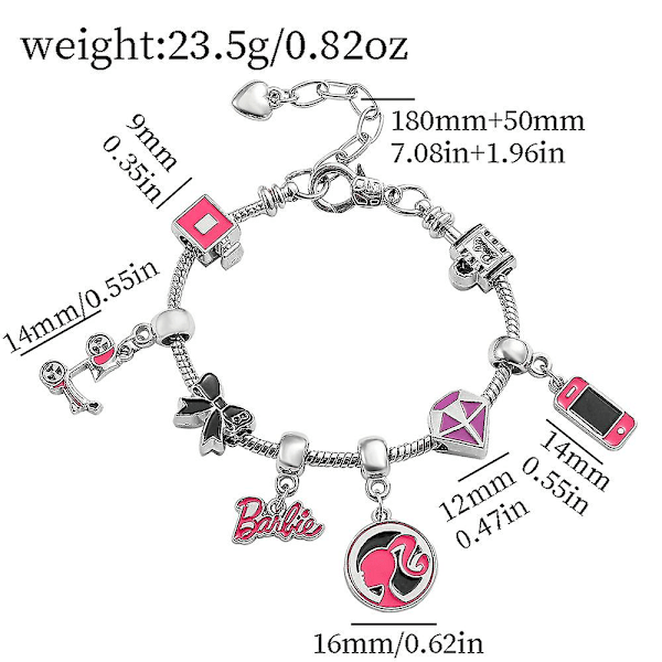 Womens Girls Barbie Charm Armband Rosa Barbie Söt Hänge Smycken