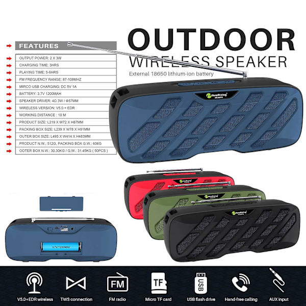 NewRiXing -B9FM Bärbar Bluetooth högtalare med antenn USB -högtalare Stöd för U Disk Subwoofer Högtalare Radio -Röd Red