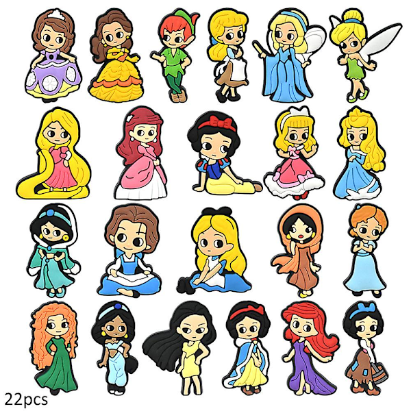 22 stk. Disney Cartoon Fairy Tale Princess Shoes Croc Jibbitz Charms DIY Tilbehør Sko Knapper Dekorationer Kvinder Piger Festartikler