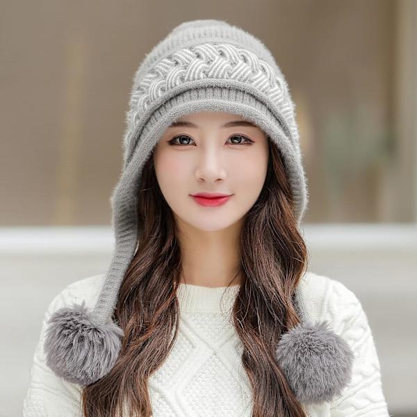 Dam vinter Peruvian öronbeklädnad Beanie Hat Öronklaffar Sherpa Skidmössa Stickad Fleecefodrad 3 Pom Grey One Size