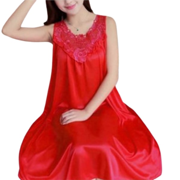 Fianao Nattlinne för kvinnlig ärmlös spetsstickning V-ringad Sexig Dam Nattkläder i konstsilke för dam Red One Size