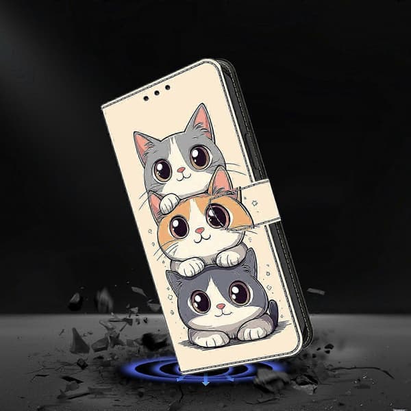Plånboksfodral med vikbart stativ för Galaxy S25 FE, mönstertryckt läderflipfodral för telefon Stacked Cats