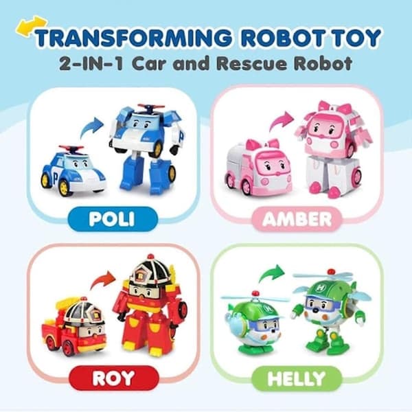 SBSG Robocar Poli 4-pak Poli + Amber + Roy + Helly Transformerende Robotlegetøj, 10 cm Transformerende