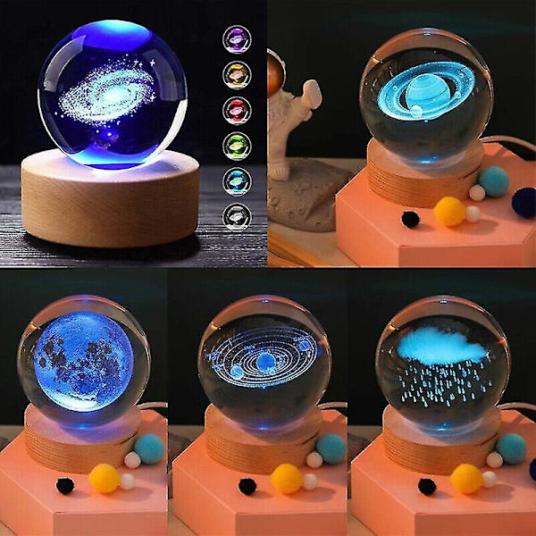 7 färger Planet 3d Crystal Ball Lasergravyr Solar System Led Ball Light Present Galaxy