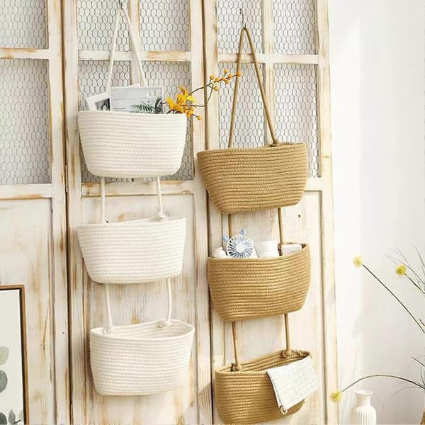 Väggkorgar i bomullsrep – Boho-stil – för kök och barnkammare Khaki 2Grids