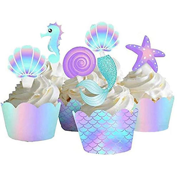 20st/ set Sjöjungfrufest Cupcake Toppers Wrappers Sjöjungfrur tårtdekoration Purple