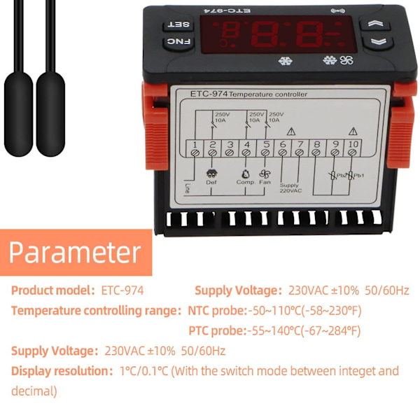 Etc-974 Digital temperaturregulator Mikroprocessor Termostater Termostat Kylning Larmet 220
