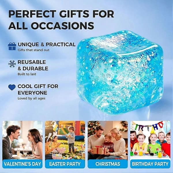Ice Cube Squishy Fidget Toy, Långsamt stigande klämbar sensorisk leksak stressboll för ångestlindring Blå-Glitter Blue