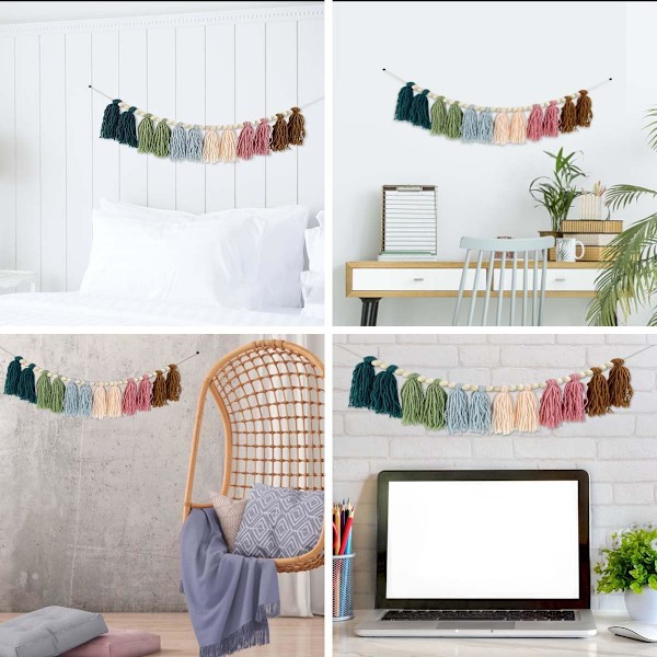 Sateenkaaren Boho-tupsu- ja puuhelmigirlandi, värikäs seinävaate, juhlagirlandi lapsille, luokkahuoneeseen, makuuhuoneeseen, lastentarhaan, kodin sisustukseen