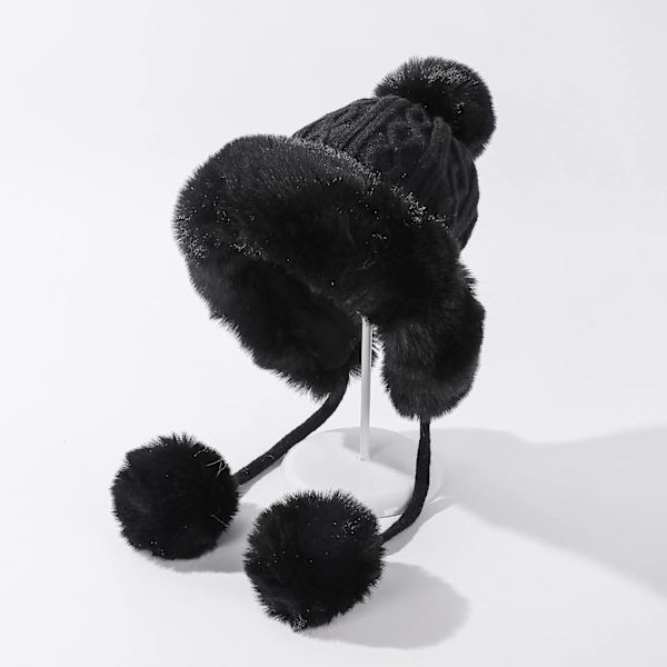 Dam vinter Peruvian öronbeklädnad Beanie Hat Öronklaffar Sherpa Skidmössa Stickad Fleecefodrad 3 Pom A1-m1399-black One Size