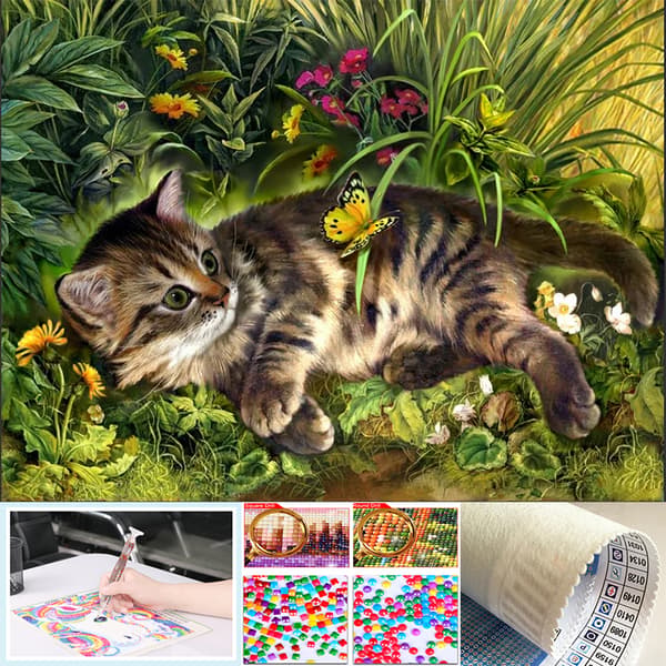 (30x40cm) Katte der leger i haven DIY Diamantmaleri Ful