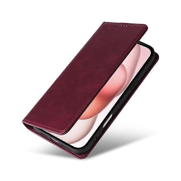 Kompatibel med iPhone 15 Plus / 14 Plus Fodral RFID PU Läder Plånboksstativskydd WineRed