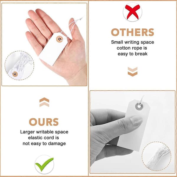 100 stk. blanke mærker med elastisk snor, mærkningsmærker fastgjort, forstærket hul, skrivbare blanke mærker 7x3,5 cm