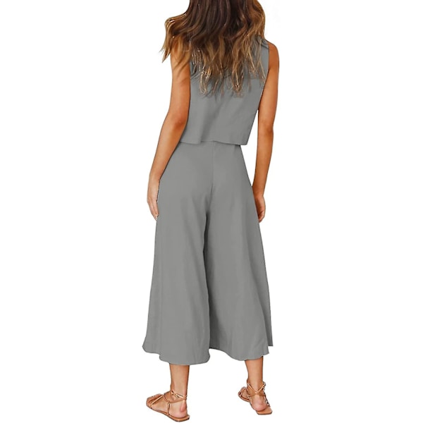 Roylamp Sommer-outfits til kvinder i 2 dele Rundhalset Crop Basic Top Beskåret Bukser med brede ben, Jumpsuits Gray Large