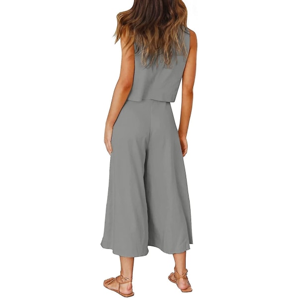Roylamp Women's Summer 2-delade outfits Rundhalsad Crop Basic Top Beskuren Byxa Set med vida ben Jumpsuits Gray Large