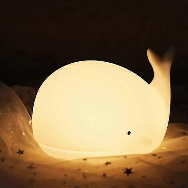 Hvalformet LED nattlampe for barnerom med timer.