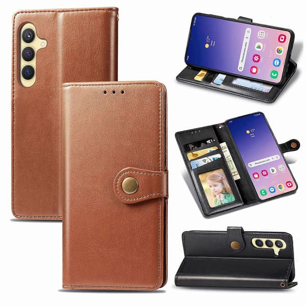 Telefonfodral för Samsung Galaxy S25, Läderfodral Plånboksställ med handledsrem Brown