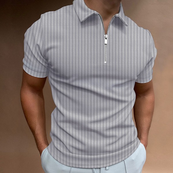 2025 Ny Casual Slim Fit Kortærmet Lynlås Stribet Revers T-shirt Toppe Polo Shirt Light Gray XXXL
