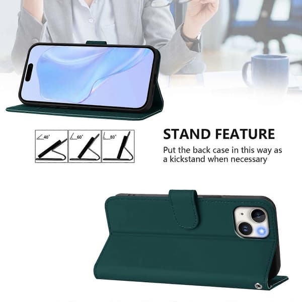 Skinnkänsla Läder Telefonfodral För iPhone 15 Plus Dark Green