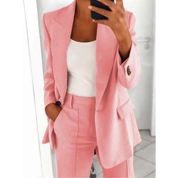 Dame 2-delt Outfit Blazer Sæt Elegant Business Arbejdstøj Vintage Klassisk Ensfarvet Rynket Ærme Åben Front Jakke Og Straight Leg Penci S Pink