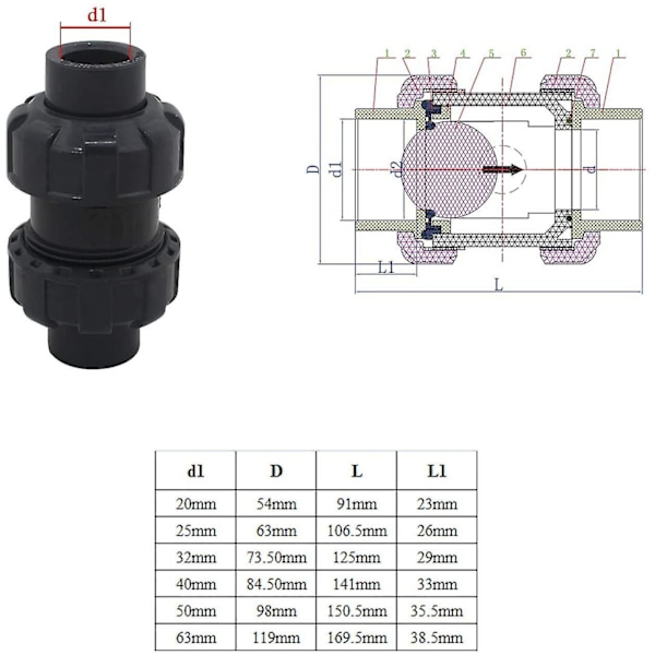 25mm Kulventil för Pool, Backventil i PVC, Förhindrar Återflöde (Innerdiameter