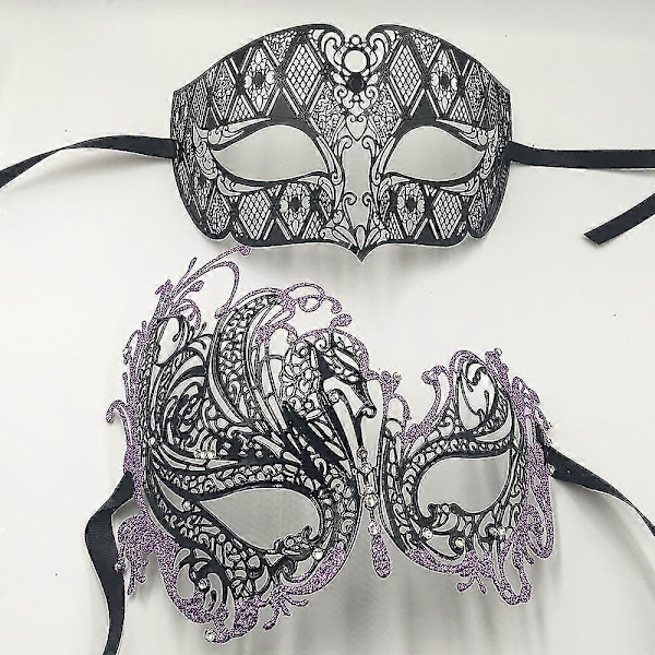 Svart Sølv Gull Metall Filigran Laser Kutt Par Venetiansk Festmaske Bryllup Ball Maske Halloween Maskerade Kostyme Maskersett Black with Purple