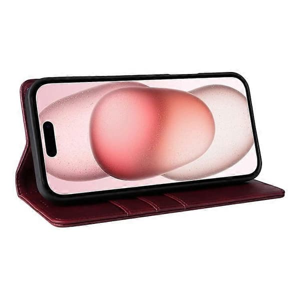 Kompatibel med iPhone 15 Plus / 14 Plus Fodral RFID PU Läder Plånboksstativskydd WineRed