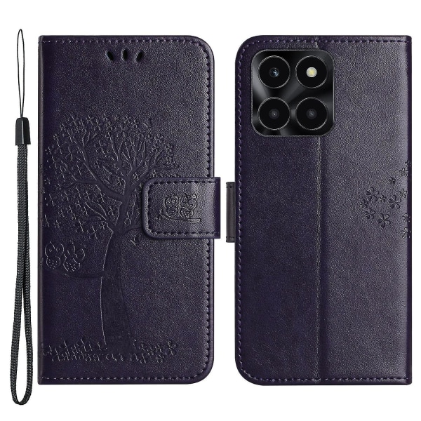 For Honor X6a 4g Owl Tree Imprinted Pu Læder Stand Wallet Case Fuld beskyttelse Telefon Cover Dark Purple