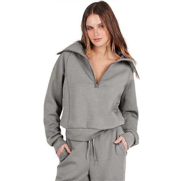 Dame Todelt Outfit Sveddrag Sæt Kvart Lynlås Efterår Lounge Sæt Tracksuit Grey 2XL