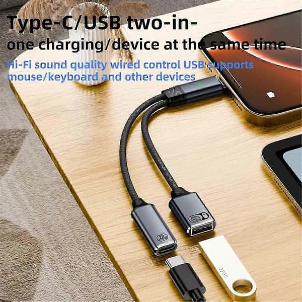 2-i-1 USB-C OTG-kabel med strömförsörjning och datasynkronisering, grå