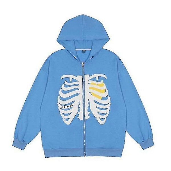 Skelett-Dragkedja Hoodie för Kvinnor Män Skelettjacka Hösttröja Blue XXL