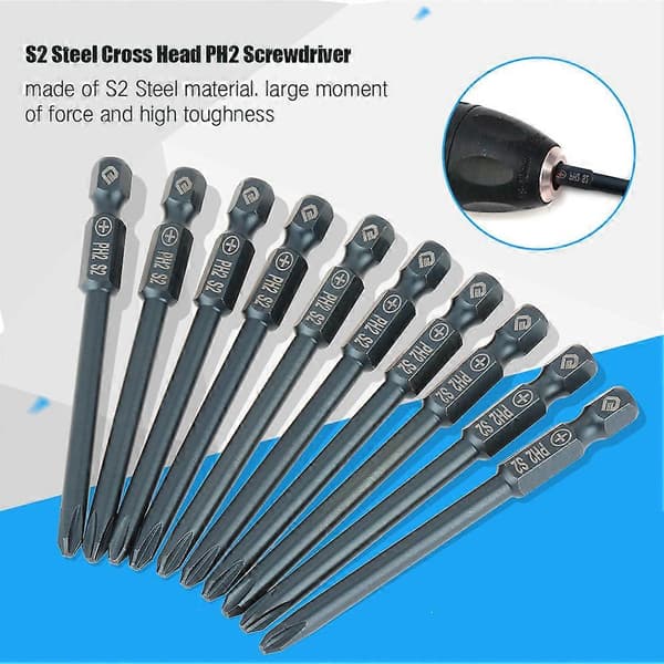 10 stk S2 stål krysshode PH2 skrutrekkerbitssett 1/4 tomme sekskantskaft 75 mm